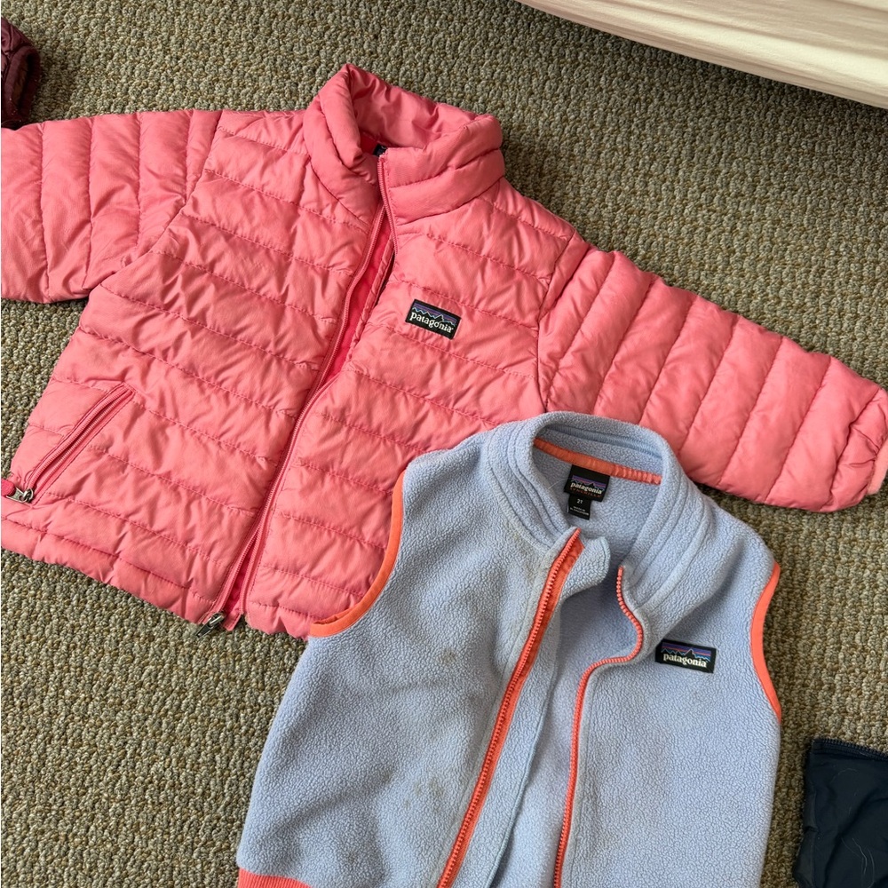 Patagonia Pink Toddler Puffer Jacket and fleece vest bundle